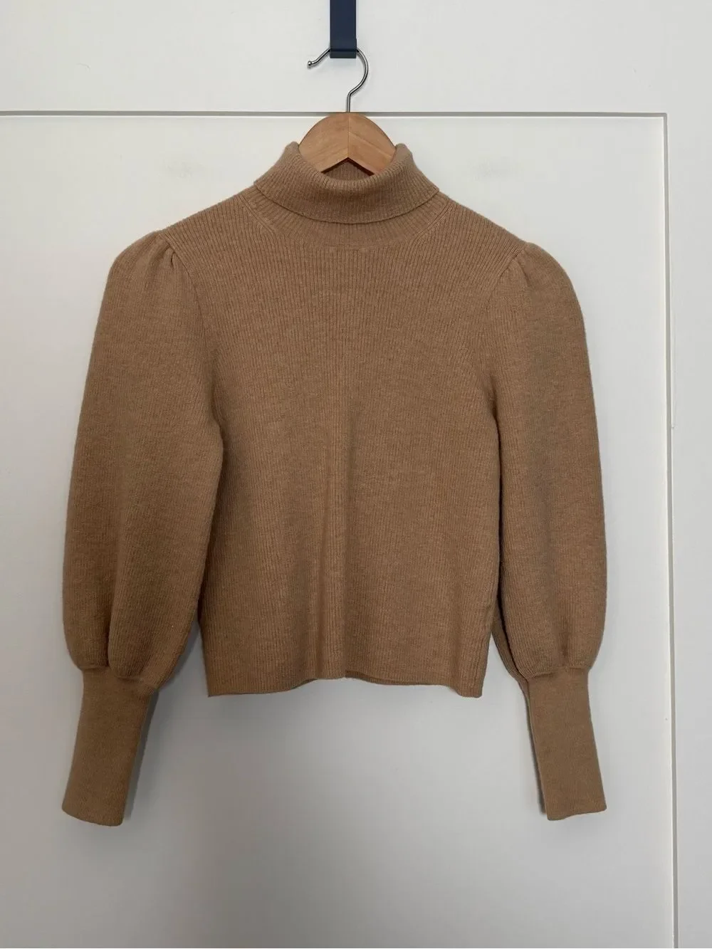 J Crew Sweater Womens Sz M Beige Balloon Sleeve Turtleneck 100% Merino Wool